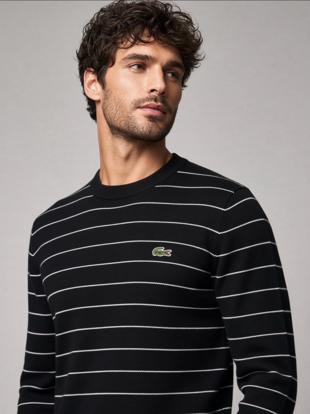 Lacoste Black Crewneck Sweater with White Stripes and Green Crocodile